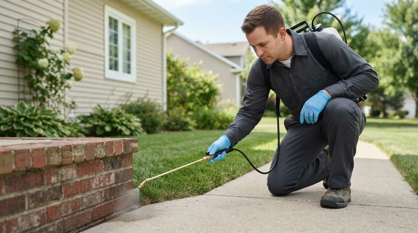 Pest control technician treating a home near Placitas, NM